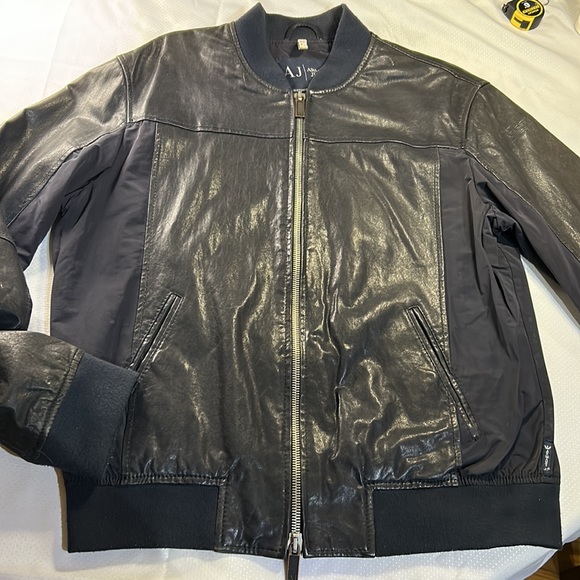 Armani Jeans Leather Jacket Mens Large Navy Blue - Picture 7 of 8